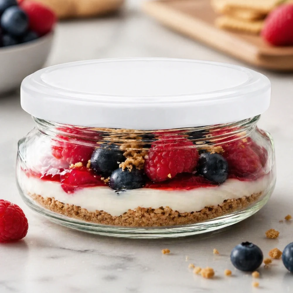 Pot à terrine de 120 ml avec couvercle blanc rempli d'un dessert aux fruits rouges et fond en biscuit sur plaque de marbre