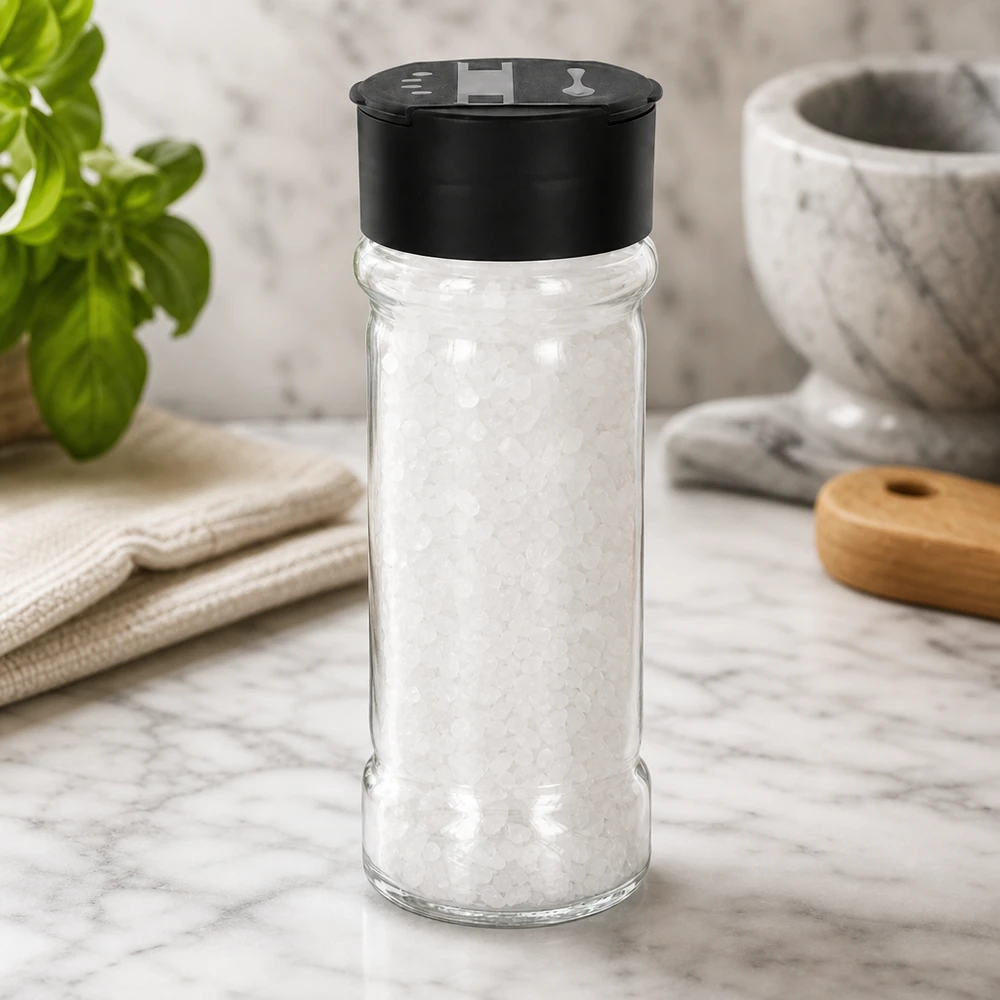 Pot à sel de 100 ml rempli de gros sel marin, muni d'un couvercle noir à double saupoudreuse, posé sur un socle en marbre