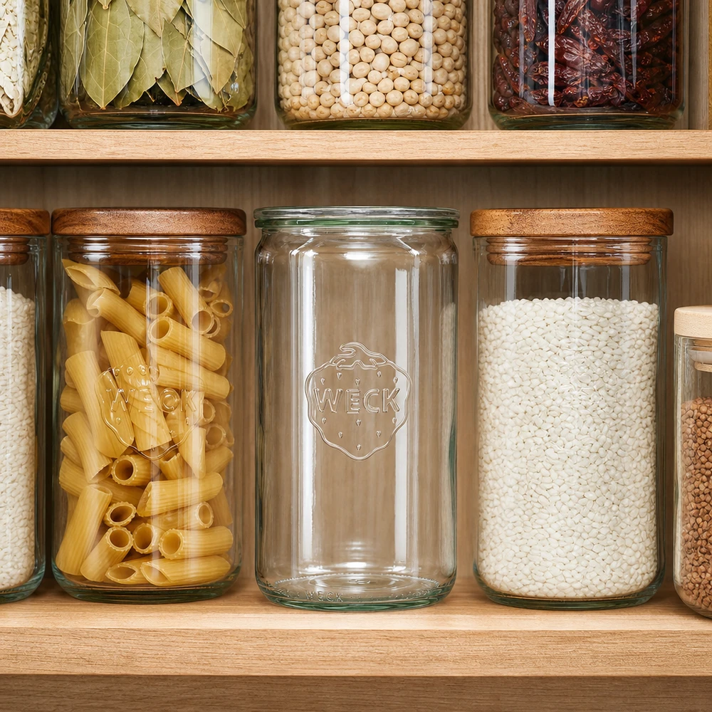 1590ml bocal cylindrique avec bouchon en verre WECK RR100 WECK Bocal à provisions 1590ml RR100 dans un office organisé entre les pâtes et le riz rempli d'étagères en bois