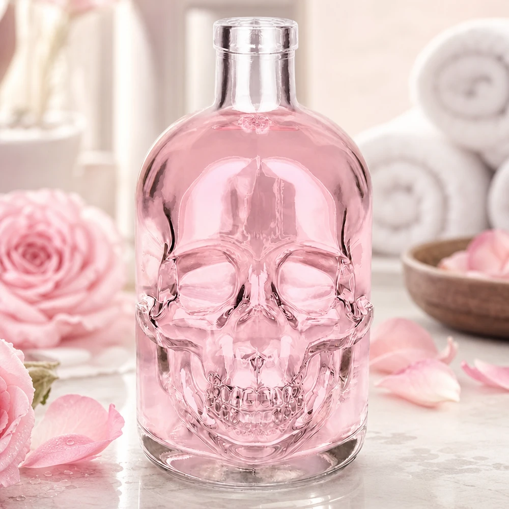 Bouteille en verre Jack 500ml rose teinté Design tête de mort Ambiance spa Décoration de roses sans bouchon UNiTWIST