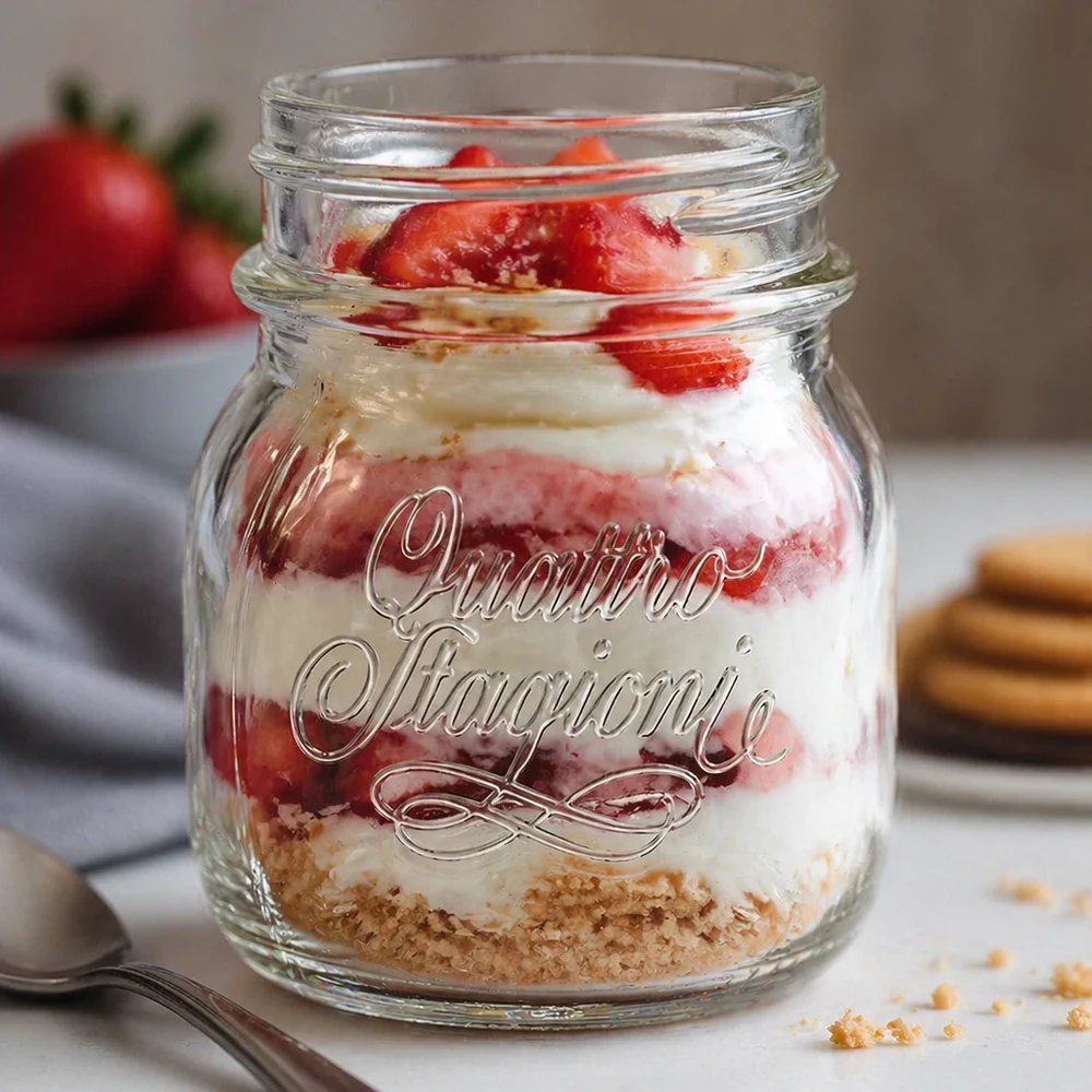 150ml verre rond "Quattro Stagioni" QS56mm Verre de ménage Quattro Stagioni de 150 ml rempli d'un dessert à couches de fraises et de crème sur un plan de travail de cuisine blanc
