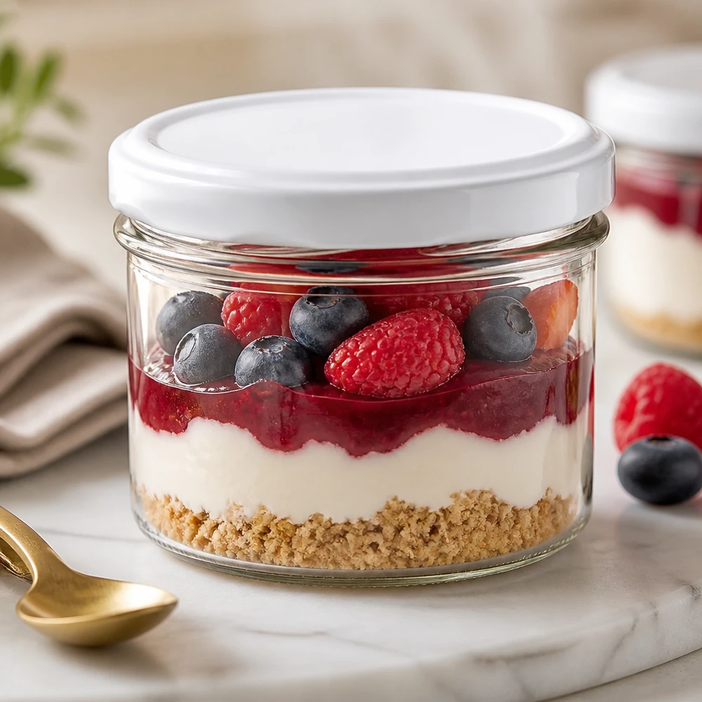 225ml Verre conique avec couvercle BasicSeal blanc UNiTWIST Verre renversé de 225 ml utilisé comme verre à dessert avec de la mousse de baies et des fruits frais montre une utilisation polyvalente