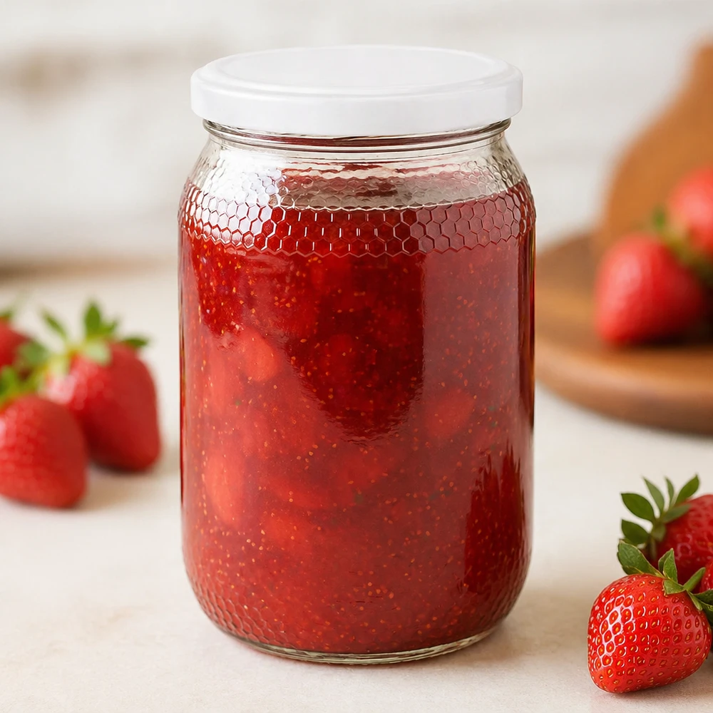 Pot à miel 1260 g avec couvercle blanc BasicSeal UNiTWIST Le pot de miel de 900 ml rempli de confiture de fraise démontre qu'il est adapté aux confitures Couvercle BasicSeal UNiTWIST