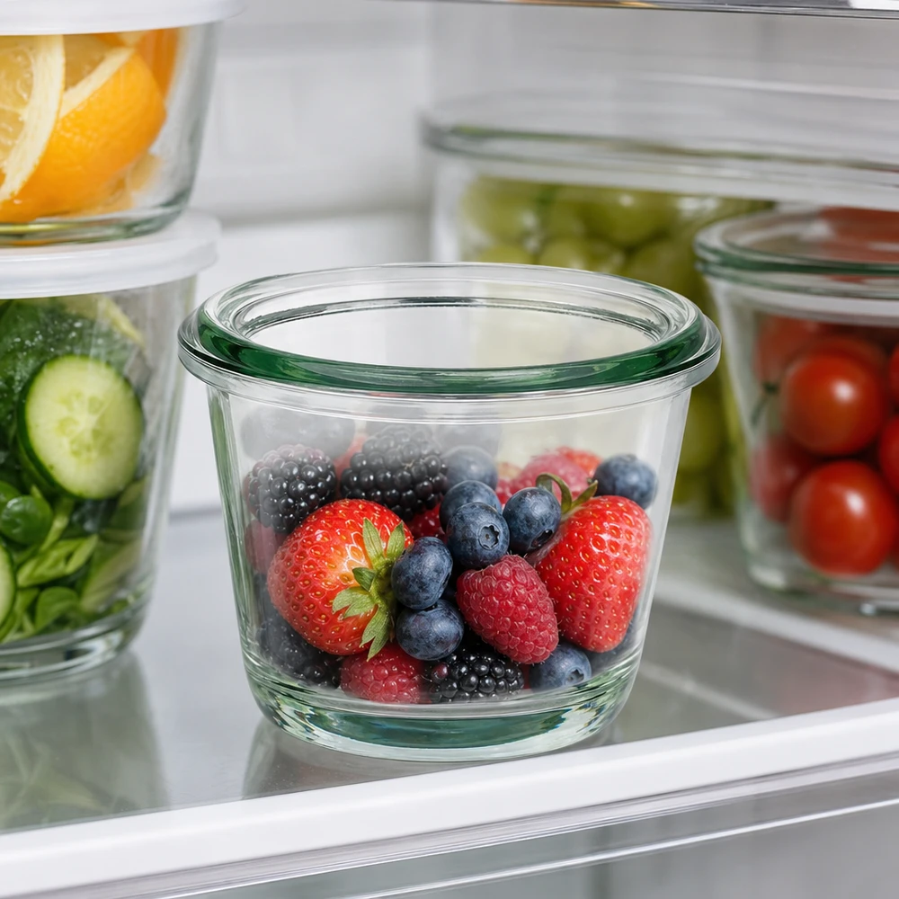 80ml bocal gourmet WECK RR60 Pot gourmet WECK RR60 de 80 ml avec des baies fraîches dans le réfrigérateur à côté d'autres récipients en verre pour la conservation des aliments