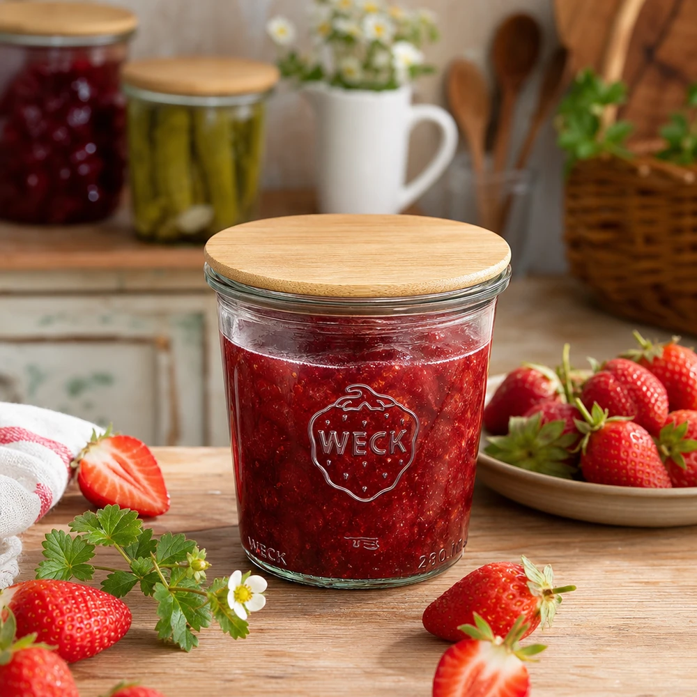 290ml bocal conique haut WECK RR80 avec couvercle en bois WECK Pot de conserve 290ml avec couvercle en bambou rempli de confiture de fraises entouré de fraises fraîches sur table en bois