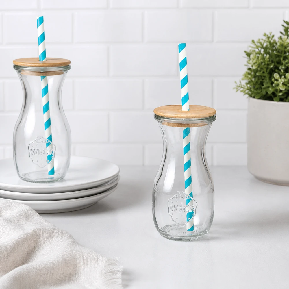 Bocal conique WECK 290 ml (1/5 L) avec couvercle 2 bouteilles en verre WECK 290ml couvercle en bois turquoise-blanc pailles éco Décoration de cuisine carreaux blancs assiette plante