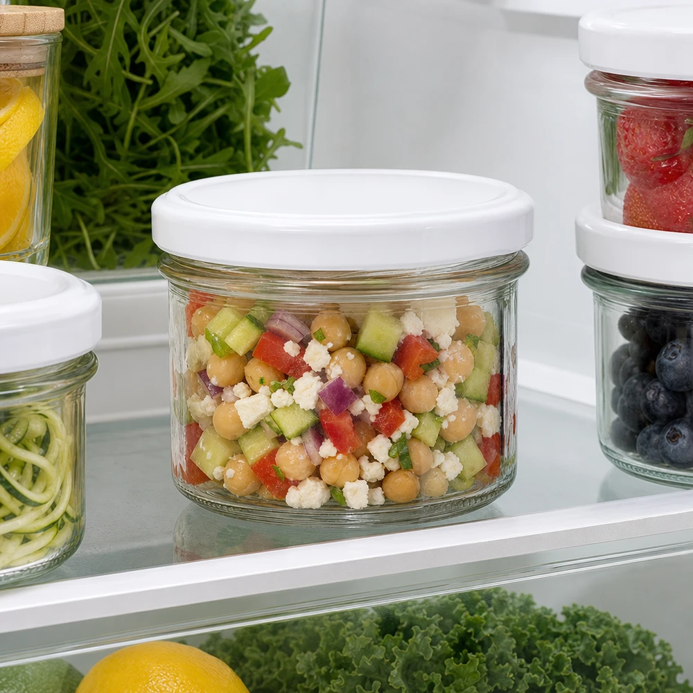 Pot renversé de 225 ml rempli de salade de pois chiches dans le réfrigérateur montre la conservation idéale de Meal Prep