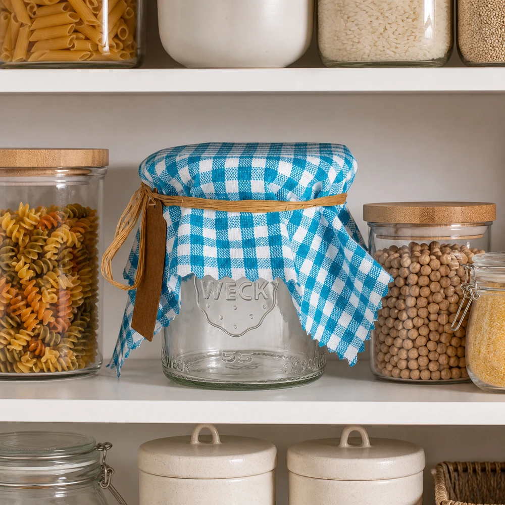 Un napperon en tissu à carreaux turquoise disposé sur une étagère entre des pâtes et des légumineuses dans le placard de la cuisine