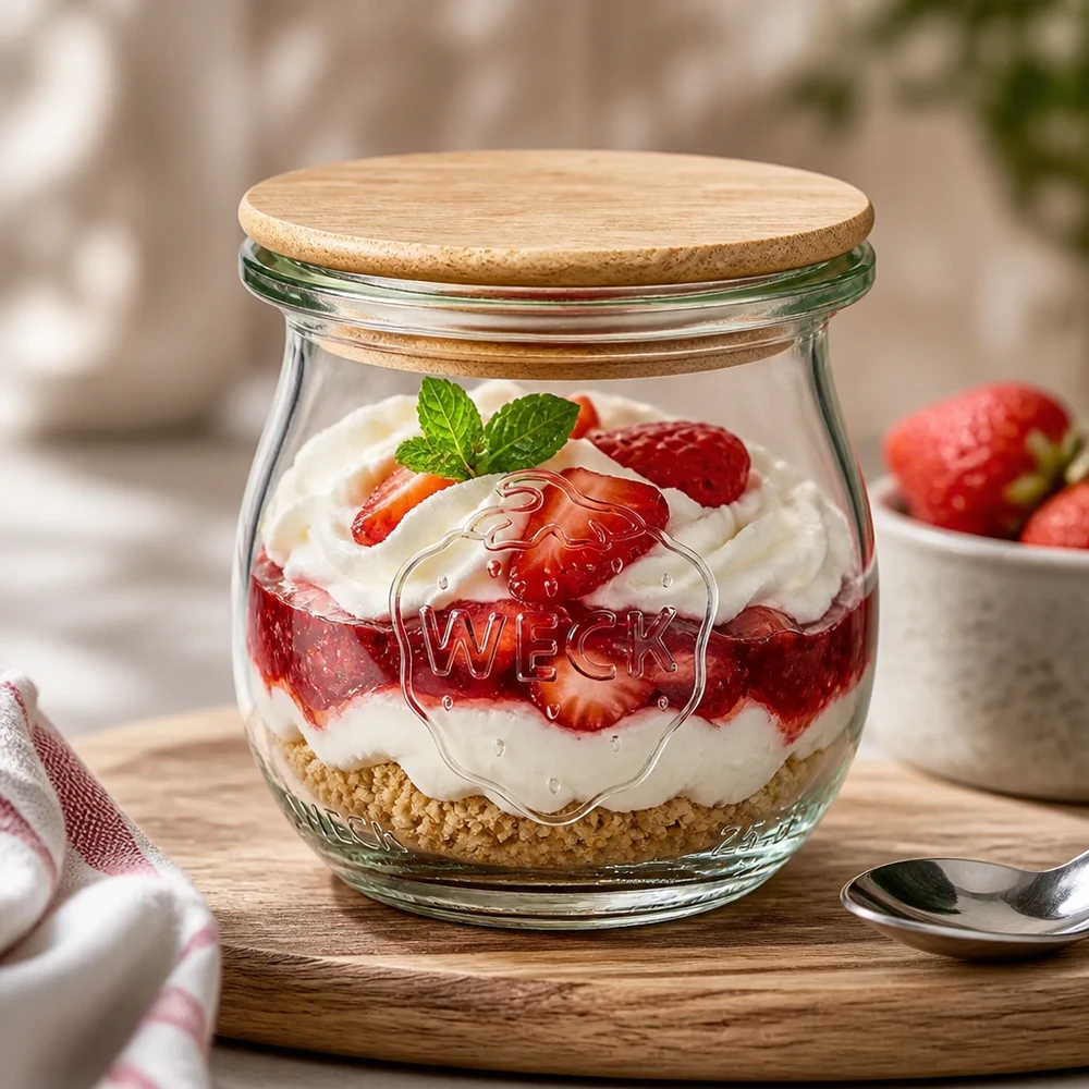 WECK Pot à tulipe 75ml RR40 Pot à dessert avec couvercle en bambou rempli de dessert à la fraise et de crème sur table en bois