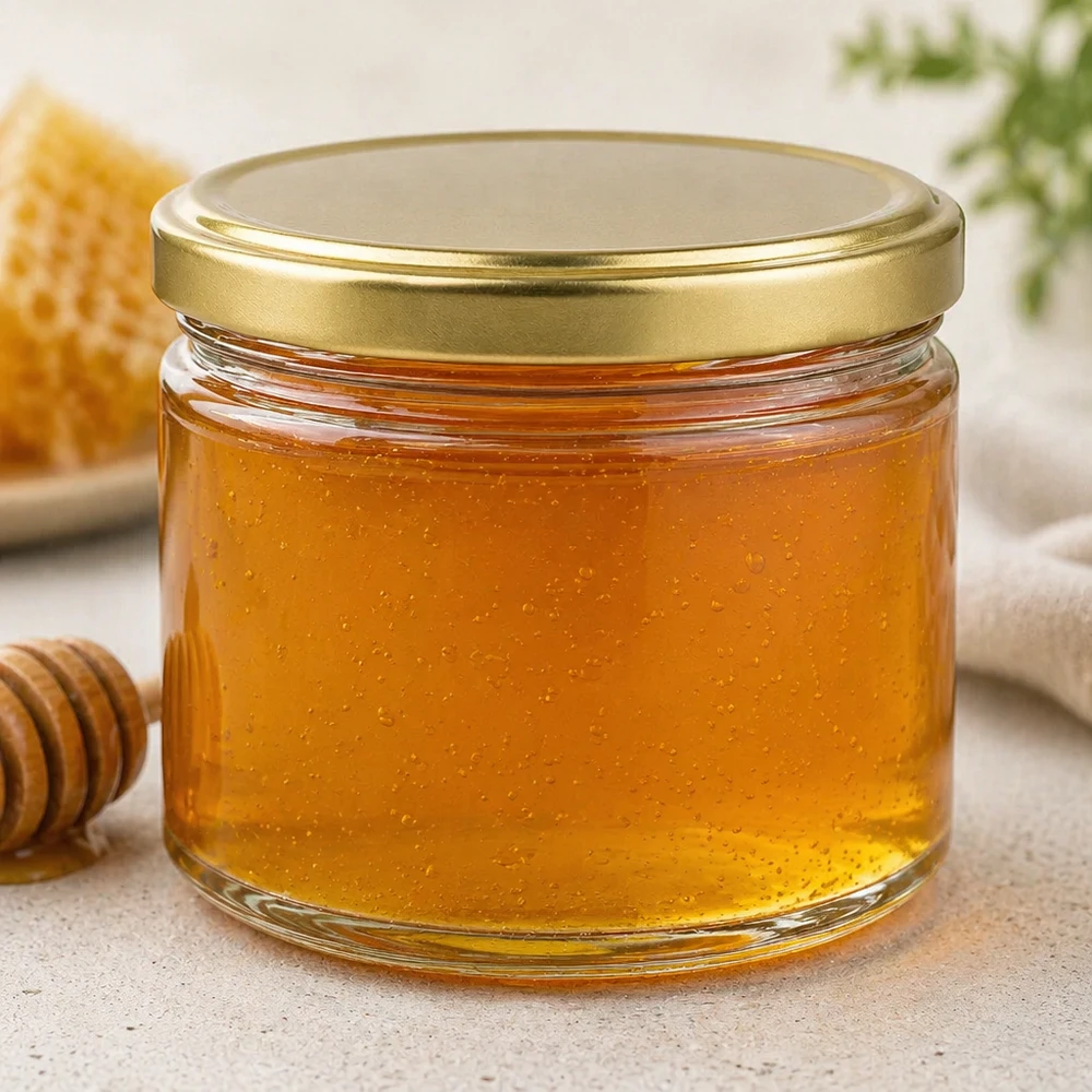 Pot à miel 700 g avec couvercle doré BasicSeal UNiTWIST Pot de miel 700g rempli de miel doré et couvercle BasicSeal à côté des rayons de miel et cuillère en bois pour le miel