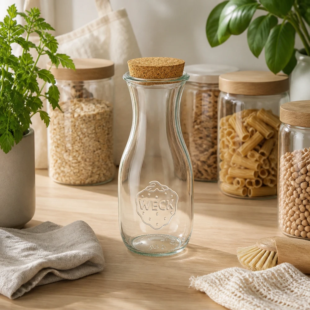 530ml Bouteille à jus de fruits WECK RR60 avec bouchon nature WECK Bouteille de jus 530ml RR60 avec bouchon dans la cuisine durable zéro déchet entre les bocaux à provisions et les plantes vertes