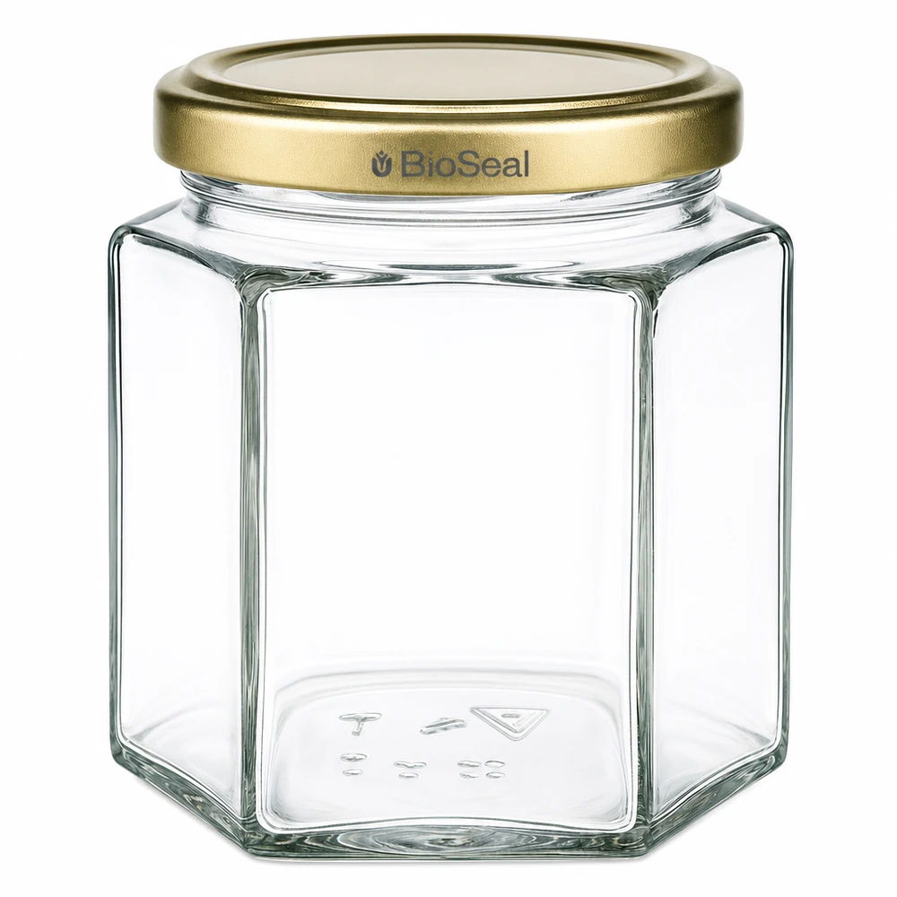 Pot à miel 520 g avec couvercle doré BioSeal UNiTWIST 520g pot de miel hexagonal transparent avec couvercle BioSeal doré pour apiculteur et mise en pot du miel