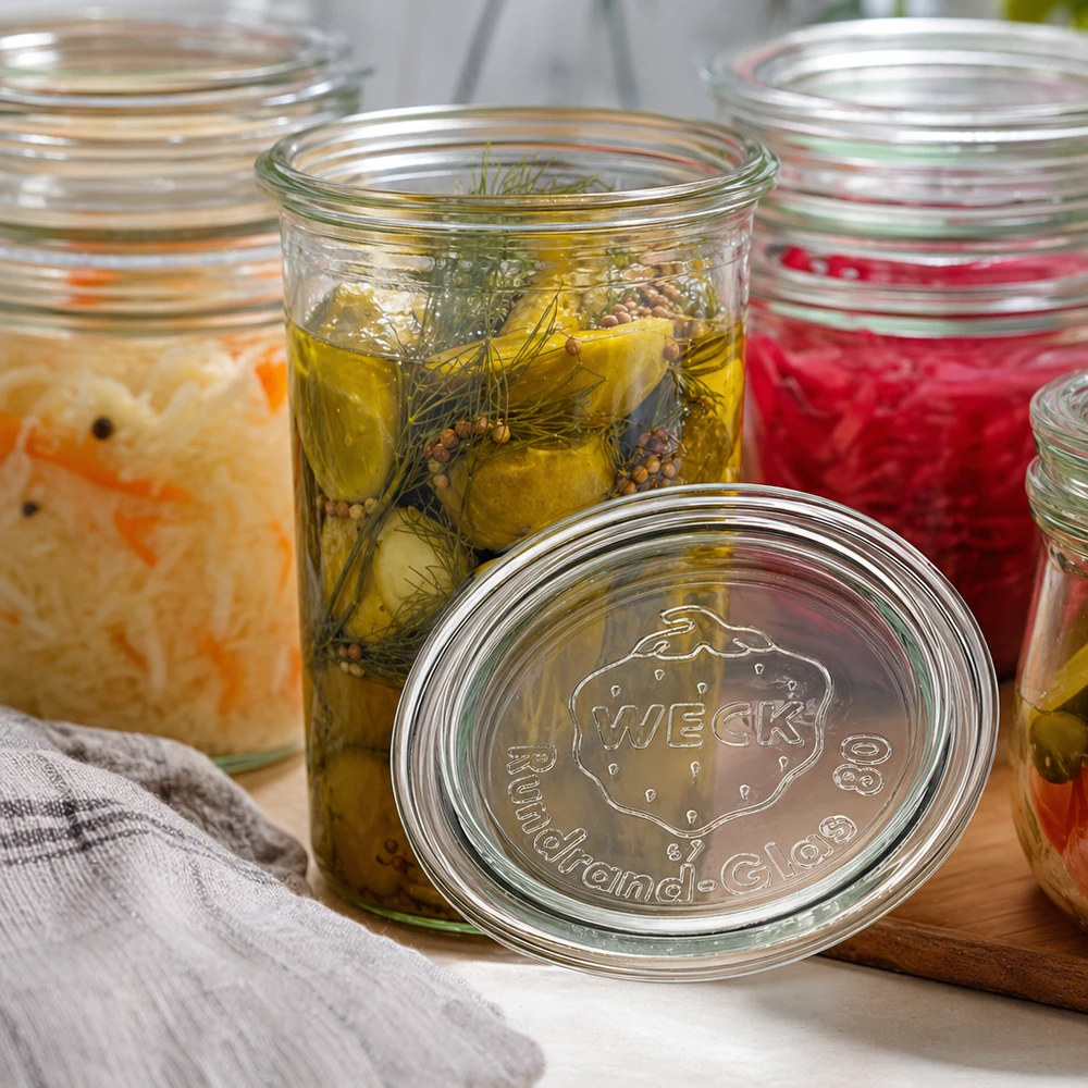 WECK Couvercle en verre RR80 en point de mire devant des bocaux de cornichons marinés Choucroute et confiture sur une planche en bois