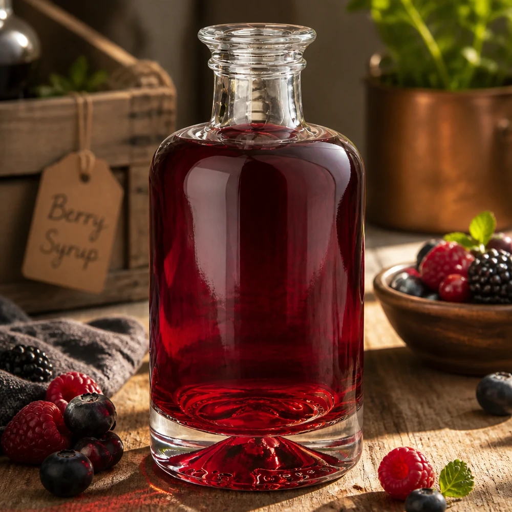 Bouteille en verre Sofia de 100 ml remplie de jus de baies rouges entourée de baies fraîches sur fond de bois rustique