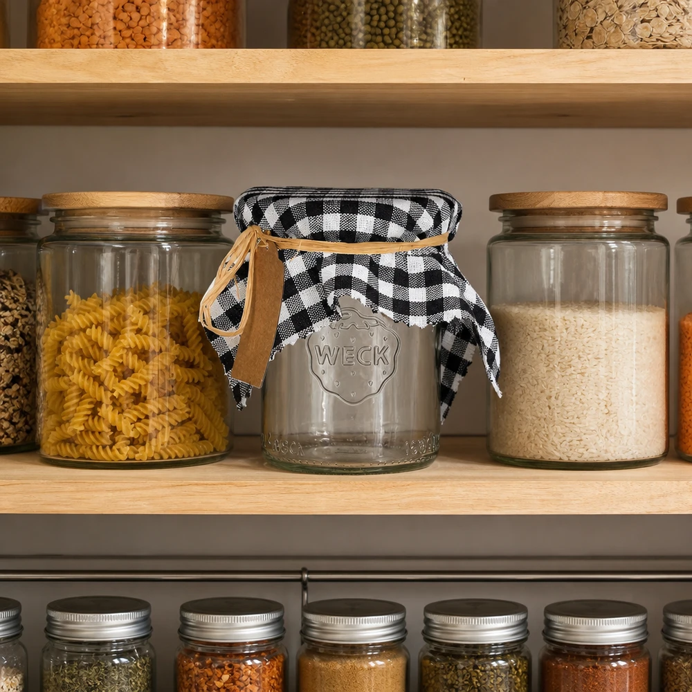 Couvre-bijoux à carreaux noirs et blancs sur bocal de conservation dans un garde-manger organisé avec des bocaux à provisions 15cm carrés