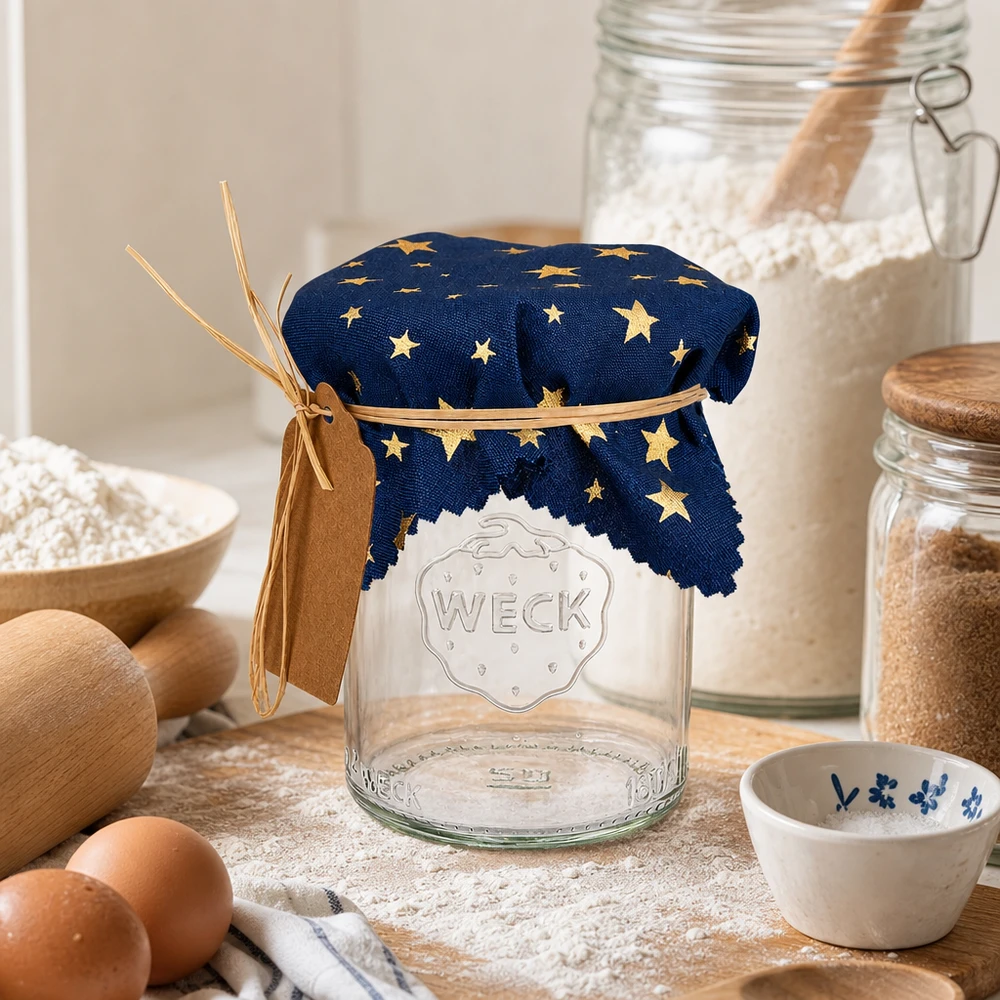 Couvercle en tissu bleu étoiles 120x120mm carré Couverture bleue en tissu étoilé 12cm sur bocal vide dans une cuisine rustique avec des œufs, de la farine et des ingrédients pour la pâtisserie