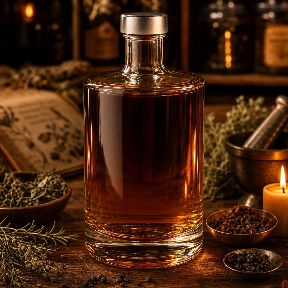 Bouteille en verre Sam de 500 ml au contenu ambré parmi les épices et les herbes Ambiance apothicaire