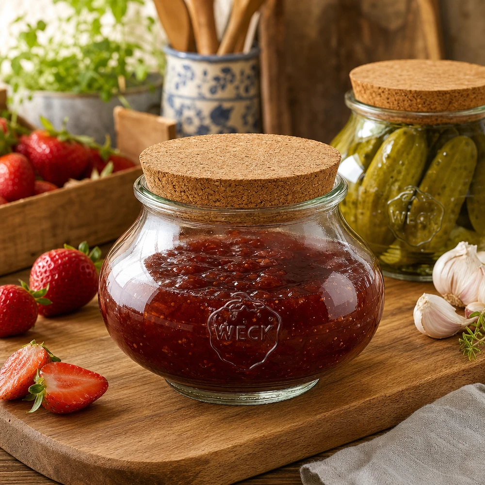 560ml bocal décoratif WECK RR80 avec bouchon nature WECK Pot à provisions 560ml avec couvercle en liège dans une cuisine rustique rempli de confiture à côté de fraises et de cornichons