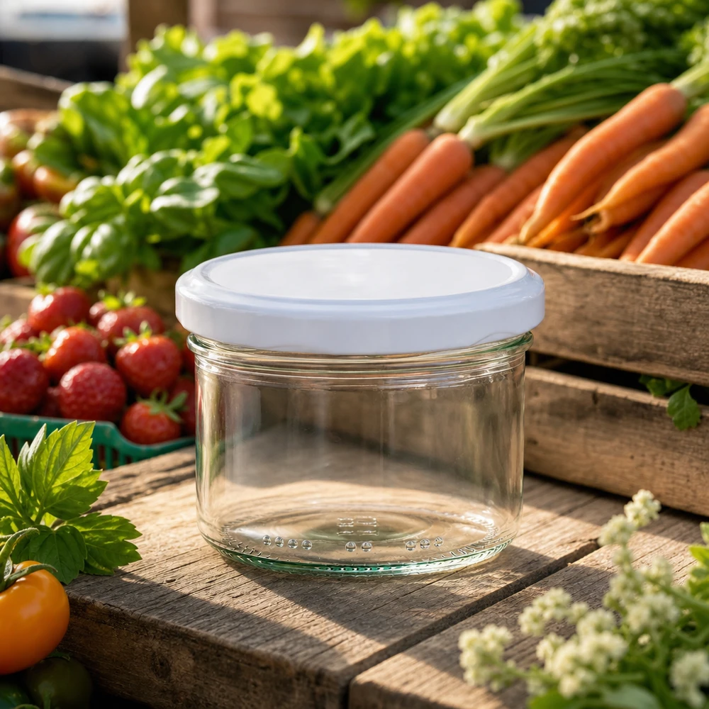 Pot cylindrique vide de 230 ml avec couvercle BioSeal blanc entouré de fruits et légumes frais sur une table en bois