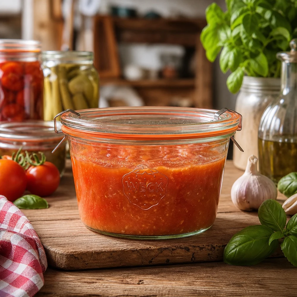 370ml bocal conique complet WECK RR100 WECK RR100 Pot renversé 370ml dans une cuisine rustique rempli de sauce tomate montre une utilisation pratique pour la mise en conserve