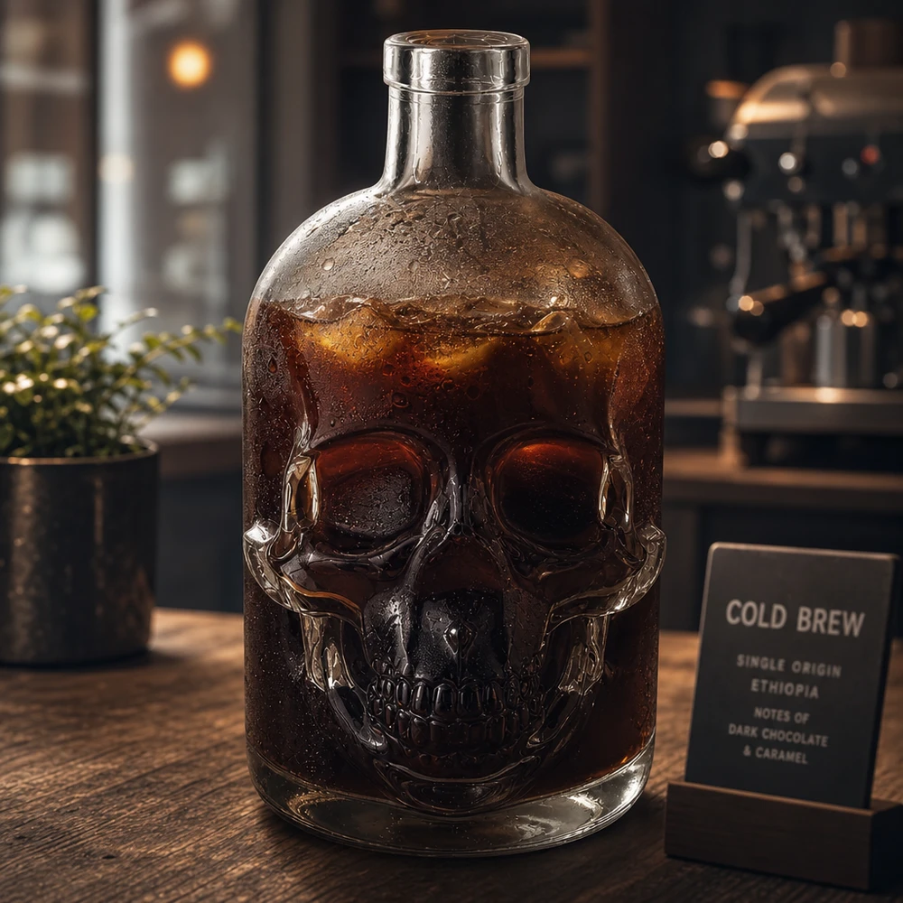Totenkopf-Glasflasche Jack 500ml gefüllt mit dunkler Flüssigkeit Cold Brew Kaffee dekorative Spirituosenflasche