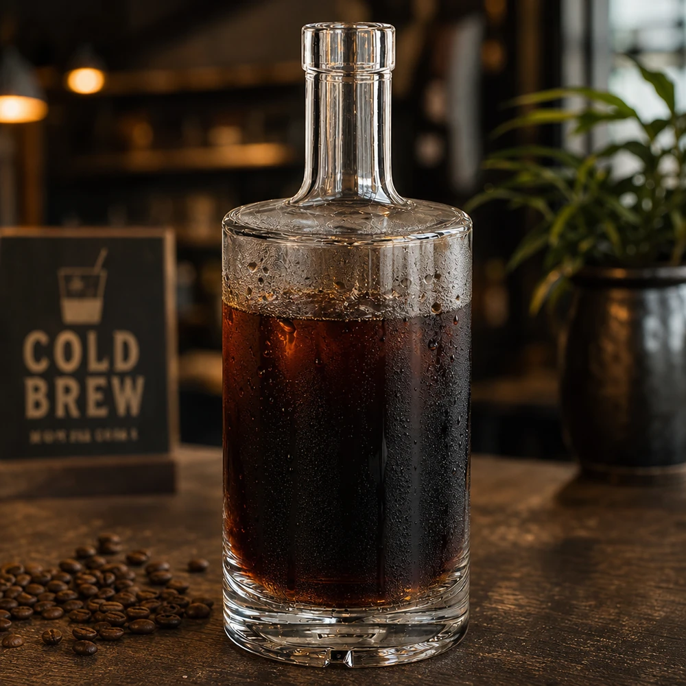 Bouteille en verre 500 ml « 500ml Glasflasche "Nora" ohne Verschluss UNiTWIST » sans bouchon UNiTWIST® Bouteille en verre Nora de 500 ml remplie de café Cold Brew à côté de grains de café dans une atmosphère de café stylée UNiTWIST