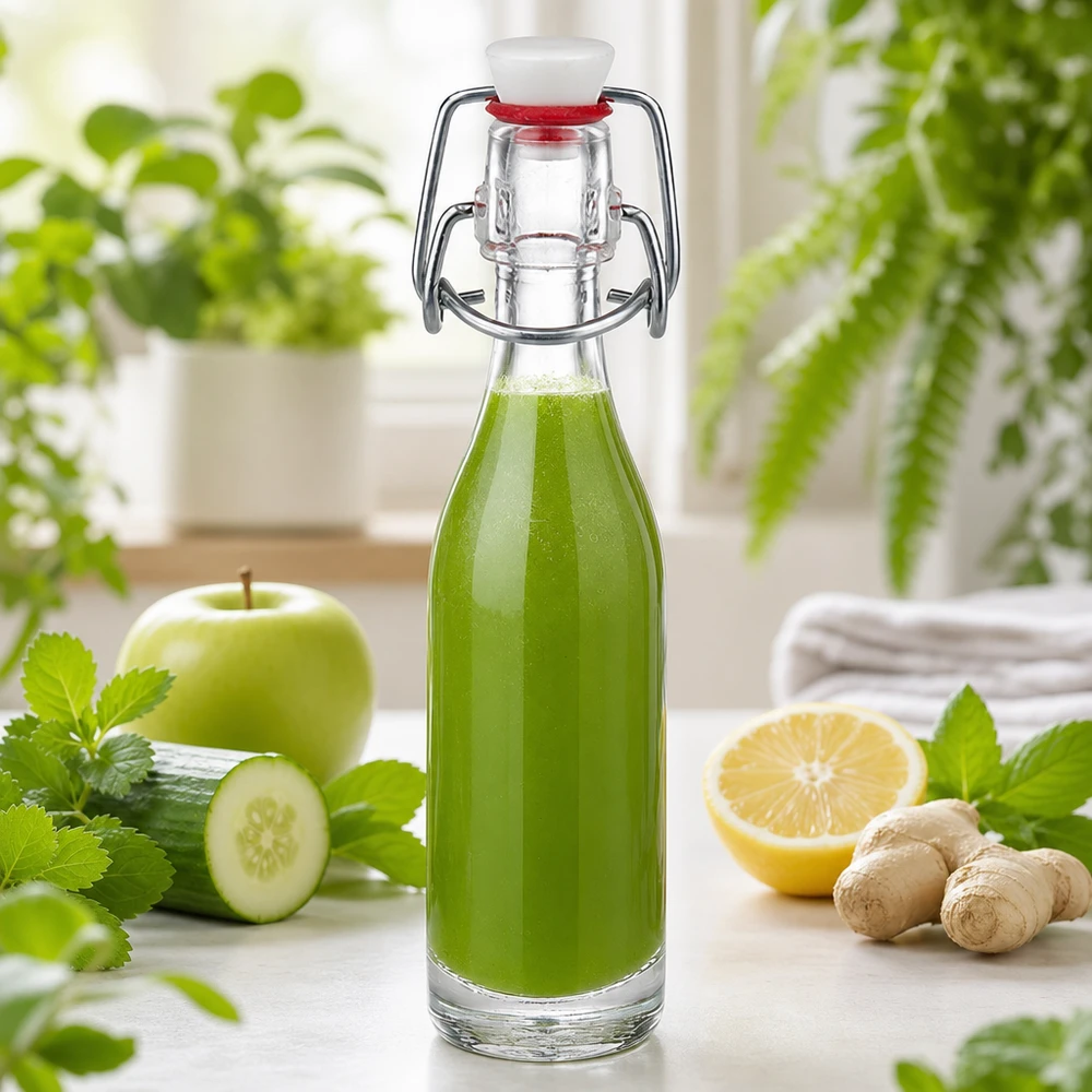 Bouteille en verre de 50 ml UNiTWIST remplie de smoothie vert à côté du concombre, de la pomme, du gingembre et du citron comme option de boisson saine
