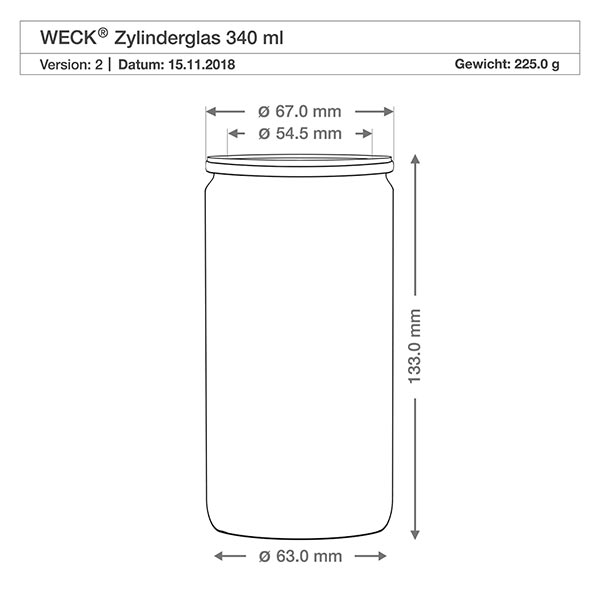 Bocal en verre cylindrique WECK RR60 de 340 ml Dessin technique WECK verre cylindrique 340ml avec dimensions Hauteur 133mm Diamètre 63mm Poids 225g RR60