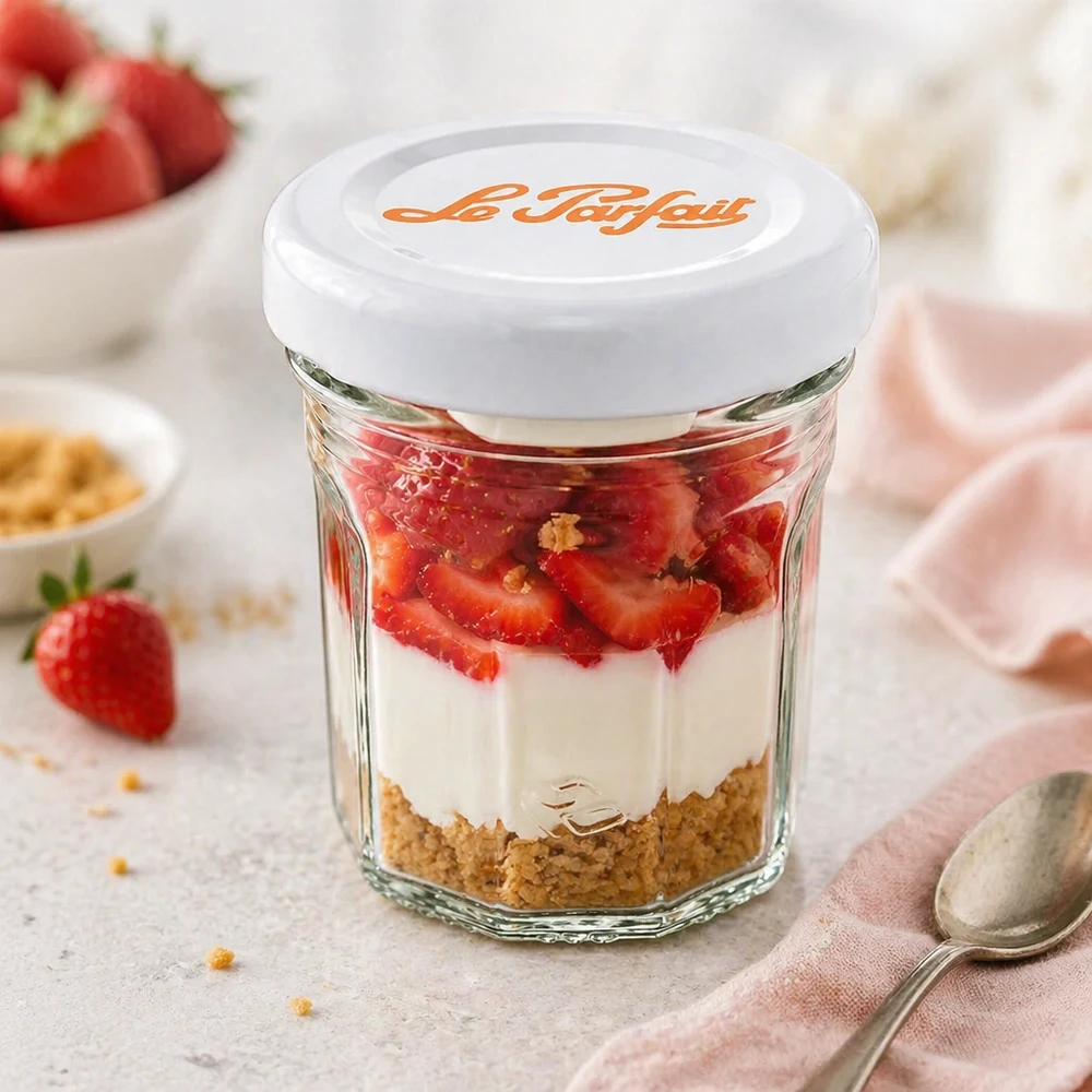 Le Parfait® Mini‑Jam 44 ml Ø48 mm pot Mini-verre à pied Le Parfait 44ml comme verre à dessert avec fraises, crème et fond de biscuit - multi-usages