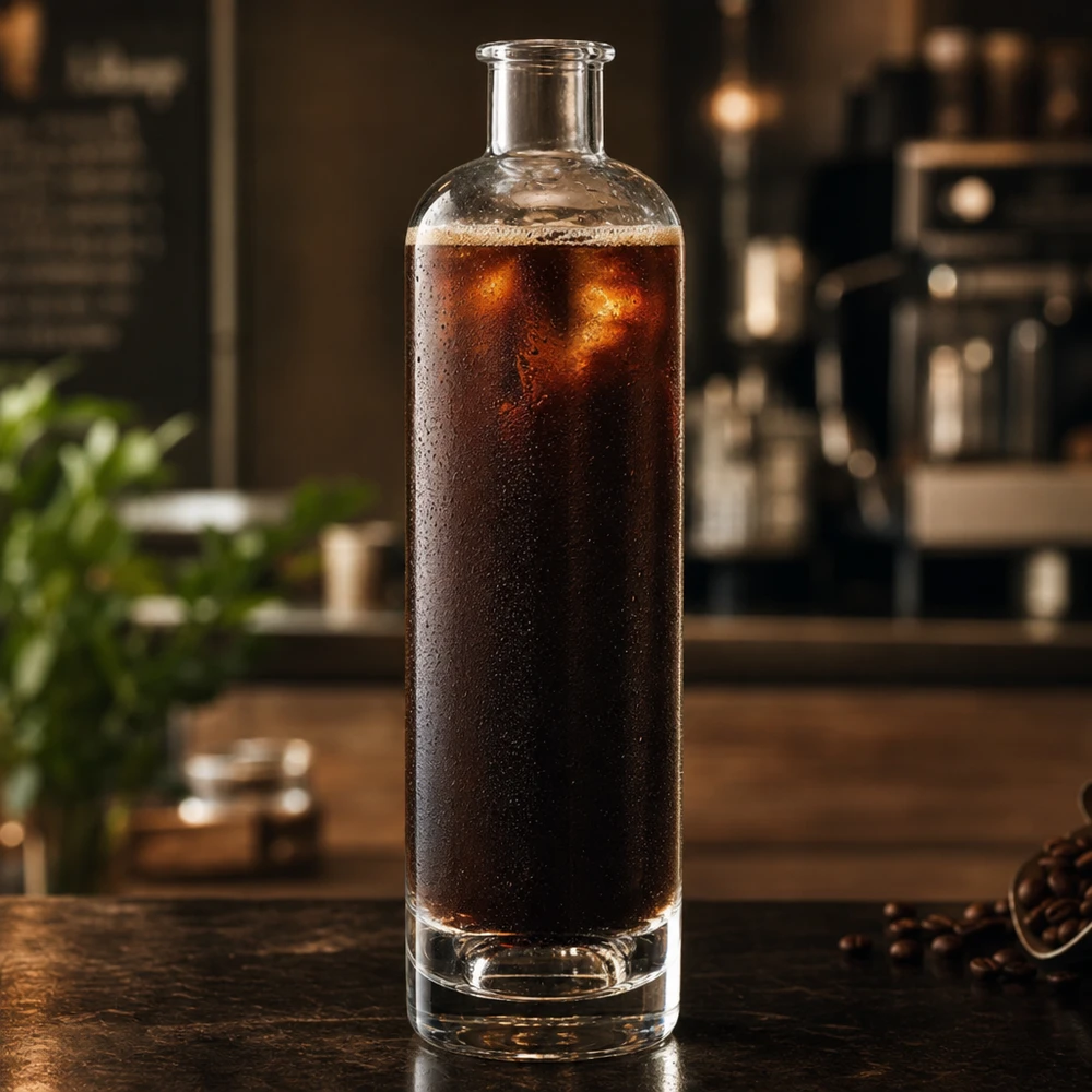 Bouteille en verre 500 ml « Ella » sans bouchon UNiTWIST® Bouteille en verre de 500ml Ella remplie de café Cold Brew dans la cuisine forme cylindrique sans bouchon UNiTWIST