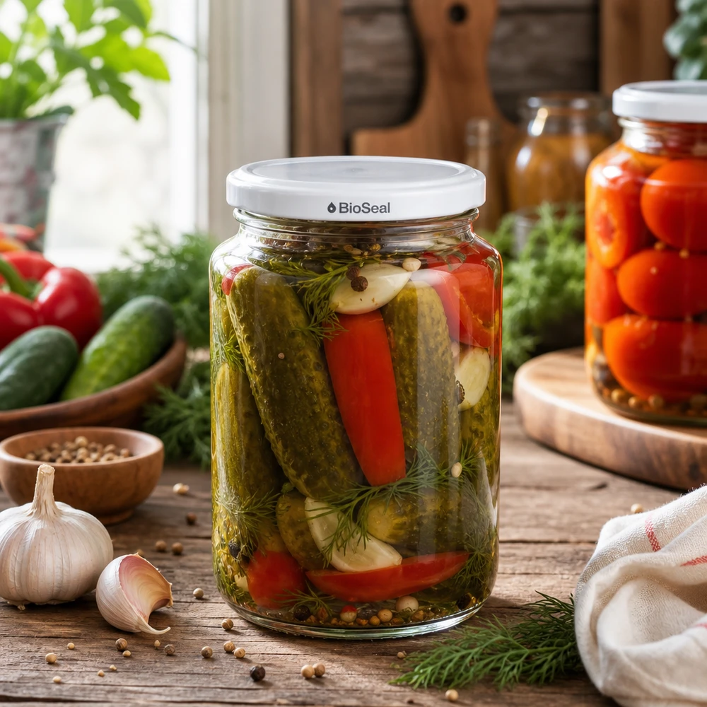 382ml Verre rond avec couvercle BioSeal blanc UNiTWIST UNiTWIST Runda382 Einmachglas in rustikaler Küchenszene - Mixed Pickles mit Dill und Paprika in BioSeal Glas