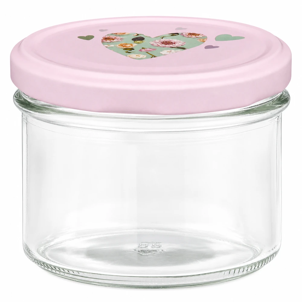 Pot de 225 ml avec couvercle rose BasicSeal et motif de cœur pour confitures et bocaux à conserves