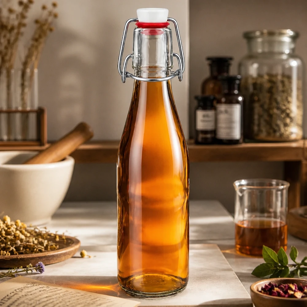 Bouteille en verre de 250 ml avec bouchon à étrier remplie de liquide ambré dans une cuisine rustique avec des épices