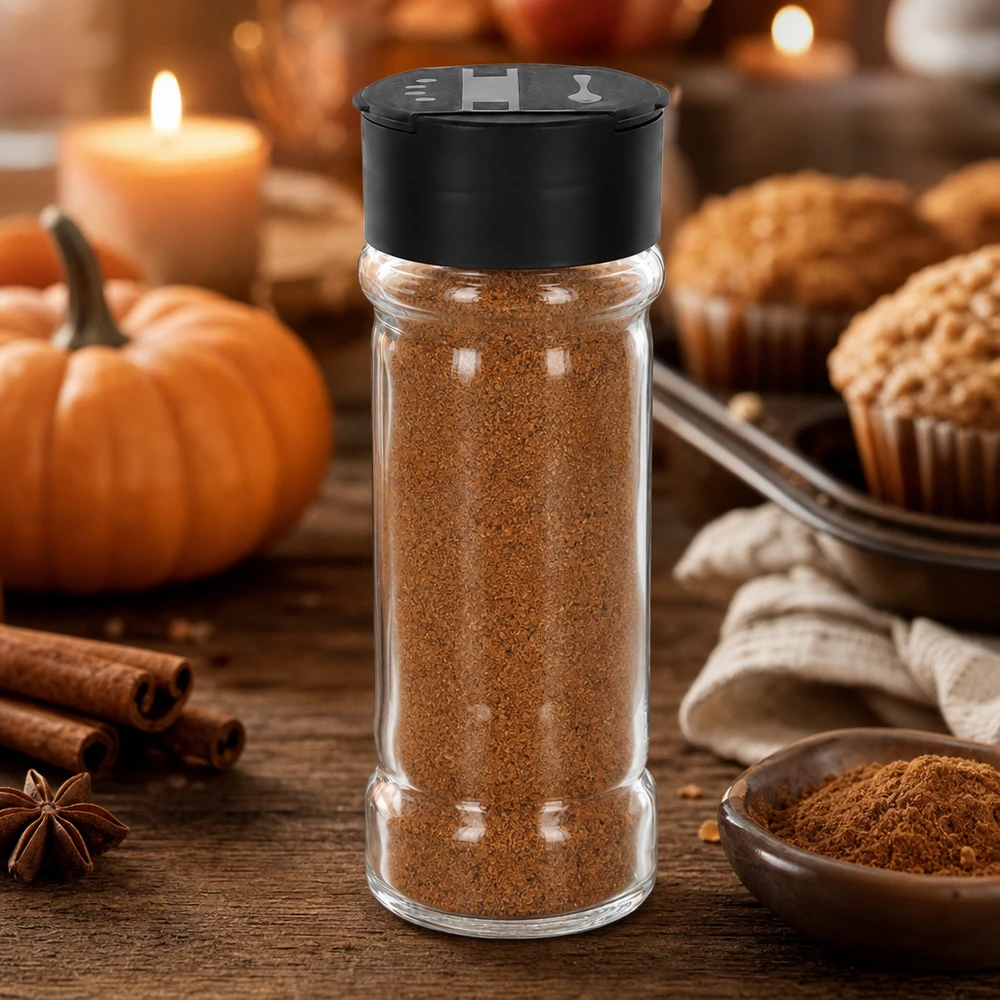 Pot à épices de 100 ml rempli de cannelle en poudre, accompagné d'un saupoudreur double noir, à côté d'une décoration d'automne