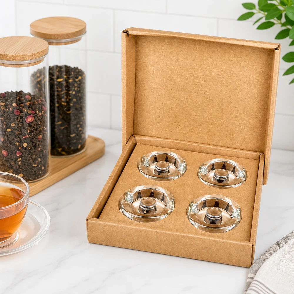 Ensemble de 4 poids en verre UNiTWIST Poids en verre pour la fermentation, set de 4 dans une boîte en carton à côté des verres à thé et des récipients à épices en verre avec couvercle en bois