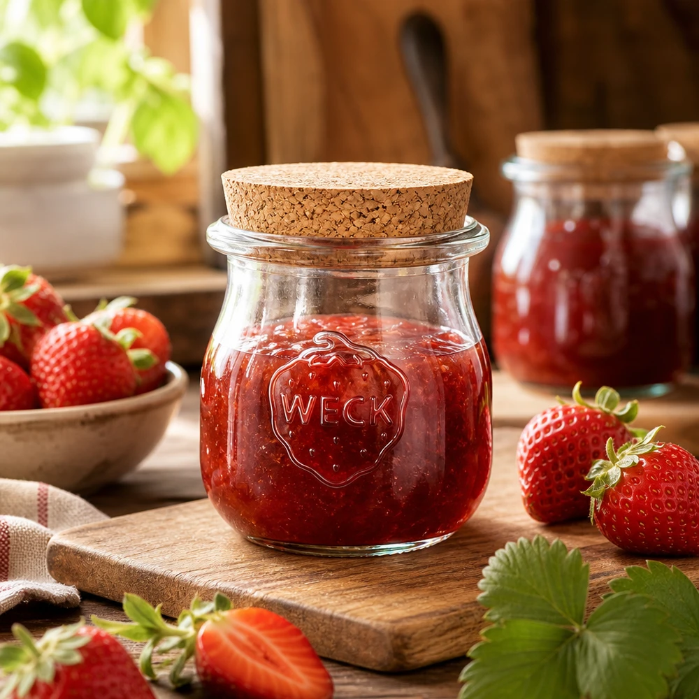75ml bocal tulipe WECK RR40 avec bouchon nature WECK Pot tulipe 75ml avec bouchon rempli de confiture de fraise sur planche en bois entourée de fraises fraîches Scène de cuisine