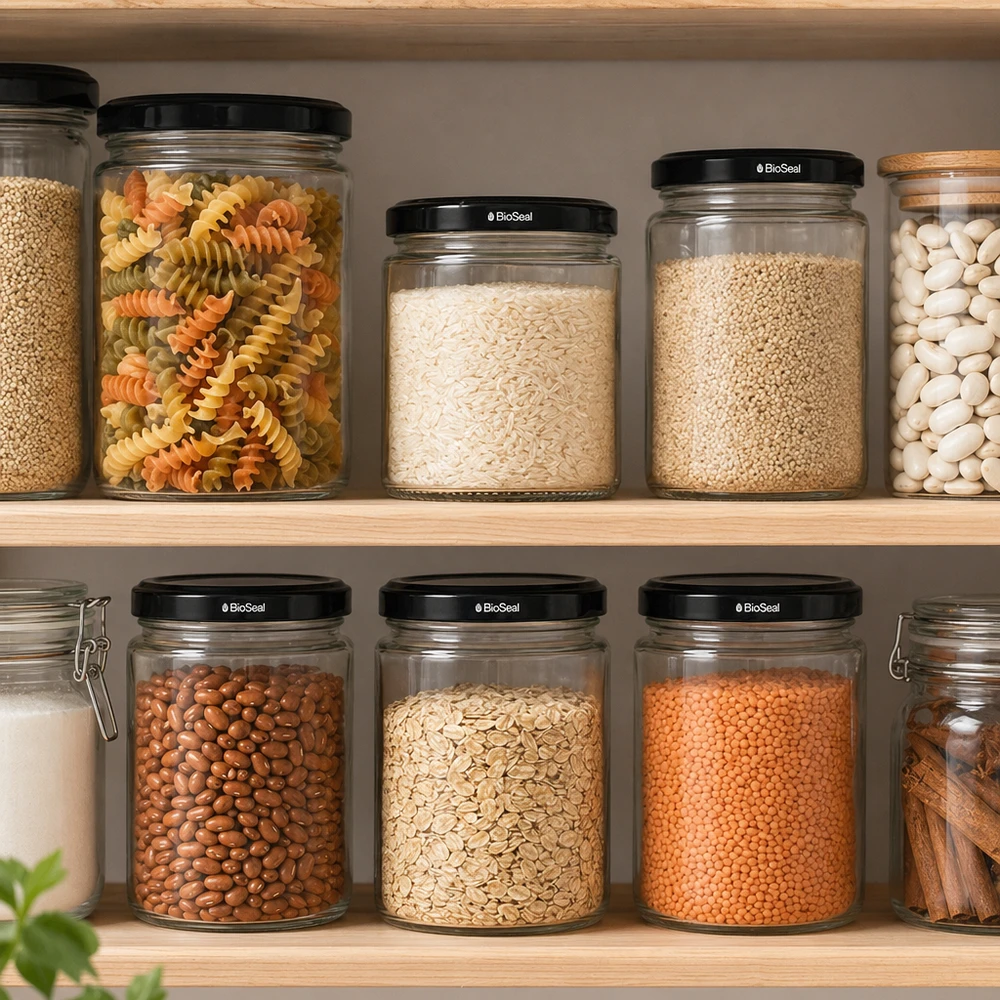 330ml Verre rond avec couvercle BioSeal noir UNiTWIST UniTWIST Runda330 Bocaux à provisions avec couvercles noirs BioSeal dans un garde-manger organisé avec des pâtes Riz Haricots Lentilles