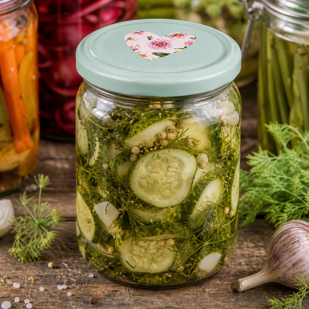 Pot de conserve 408ml avec couvercle en forme de cœur menthe rempli de cornichons marinés, d'aneth et d'épices comme exemple d'utilisation