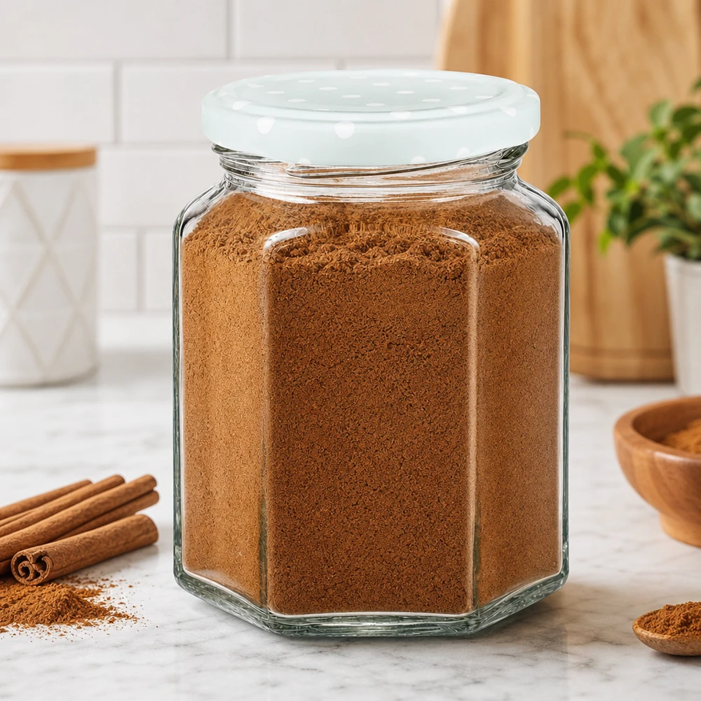 Hexaglas de 288ml avec couvercle BasicSeal rempli de cannelle en poudre dans une cuisine moderne à côté de bâtons de cannelle et d'un bol en bois