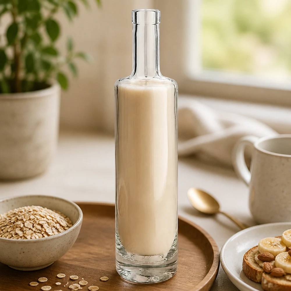 Bouteille en verre Lina de 500 ml remplie de lait d'avoine dans un setting de cuisine élégant avec flocons d'avoine et petit déjeuner Image 3