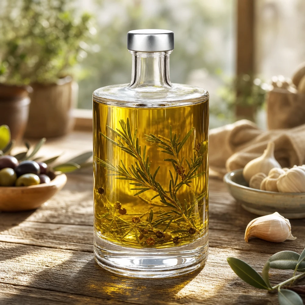 Bouteille en verre de 500ml Sam remplie d'huile aux herbes romarin entre l'ail les olives scène de cuisine méditerranéenne