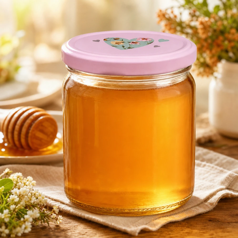 Pot rond de 408 ml + couvercle BasicSeal cur rose UNiTWIST Pot rond de 408 ml avec couvercle en forme de cœur rose rempli de miel doré à côté de la cuillère à miel sur une table en bois rustique
