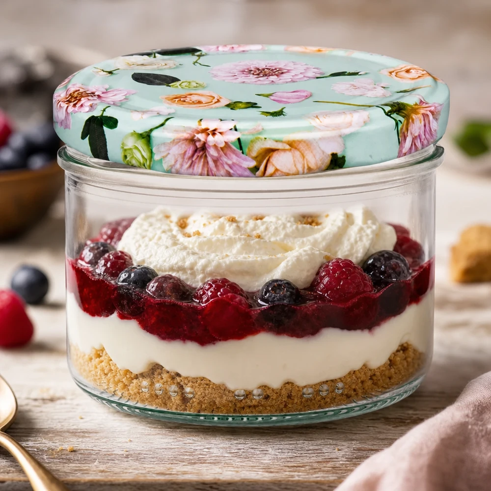 230ml Zylinderglas mit BasicSeal Deckel Blume mint für Desserts - Schichtdessert mit Beeren und Sahne im Vorratsglas
