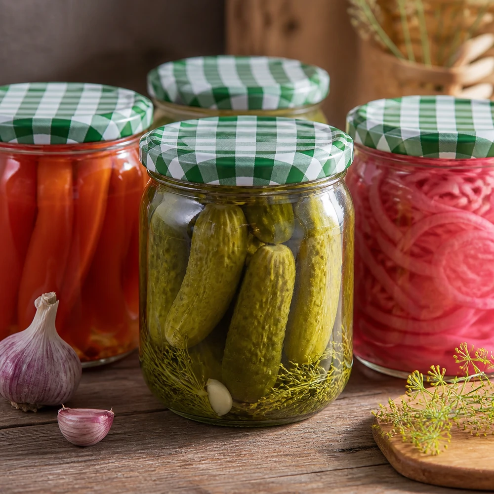 Pots de 425ml avec couvercles vert et blanc remplis de cornichons et légumes marinés sur planche en bois