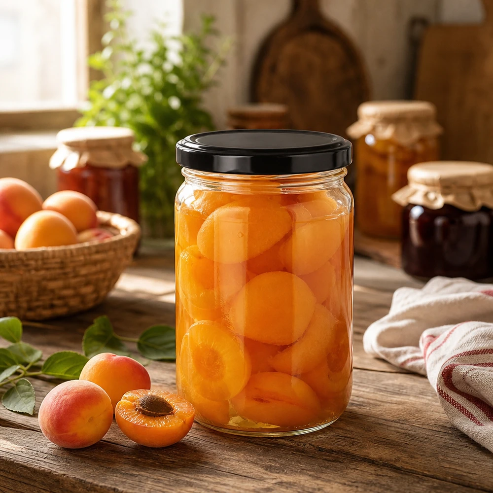 Verre rond 305ml UNiTWIST avec couvercle noir rempli d'abricots confits dans une cuisine rustique