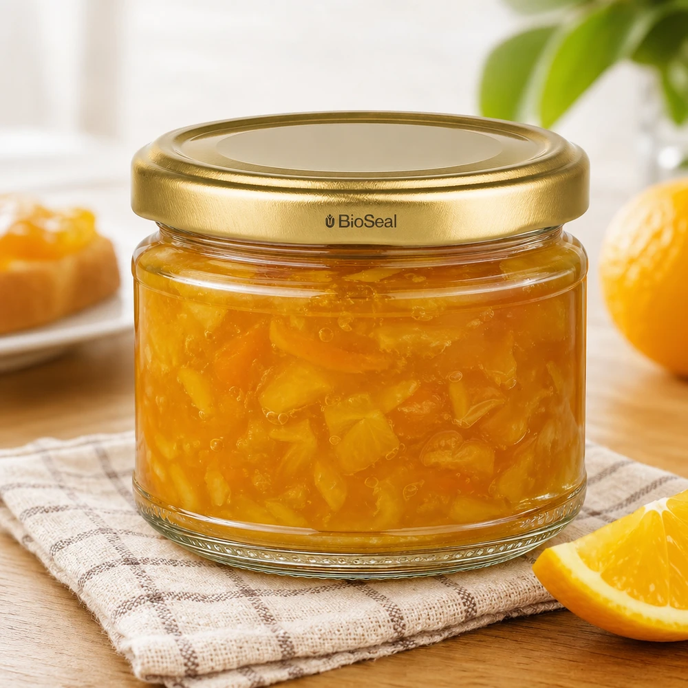 UniTWIST Runda330 Pot de confiture avec couvercle TO82 BioSeal doré rempli de confiture d'orange sur table en bois