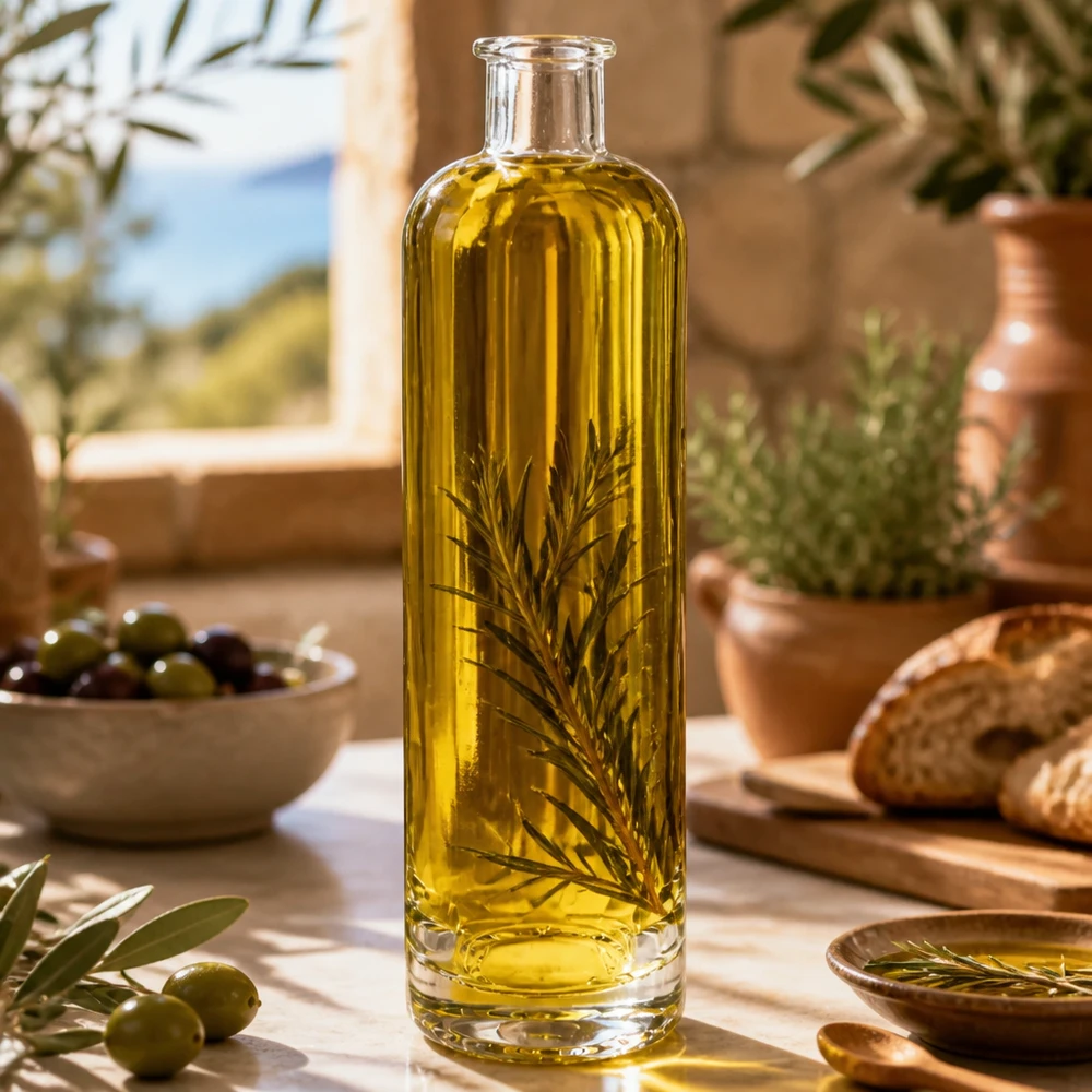 Bouteille en verre 500 ml « Ella » sans bouchon UNiTWIST® 500ml Glasflasche Ella mit Olivenöl und Rosmarin gefüllt in mediterraner Küche stylisches Infusion-Beispiel