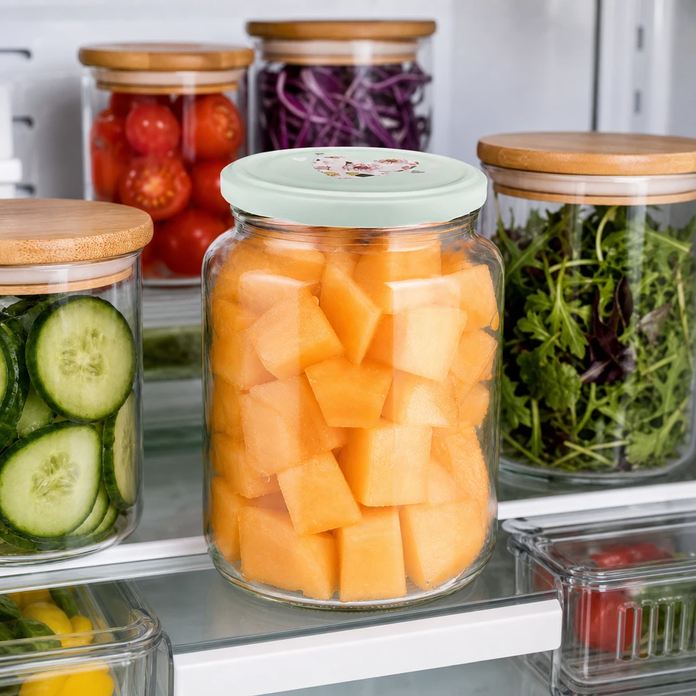 Pot rond de 795 ml + couvercle BasicSeal cur menthe UNiTWIST 795ml pot rond menthe couvercle en forme de coeur dans le réfrigérateur avec des morceaux de melon préparés à côté des bocaux de stockage Meal Prep