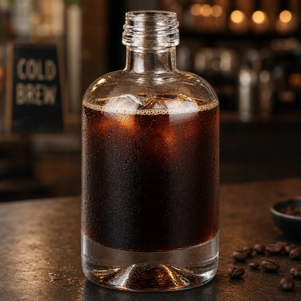 Flacon en verre 40 ml « Sara » sans bouchon à vis UNiTWIST® Bouteille en verre Sara de 40 ml remplie de café Cold Brew entouré de grains de café dans une atmosphère de café sans bouchon