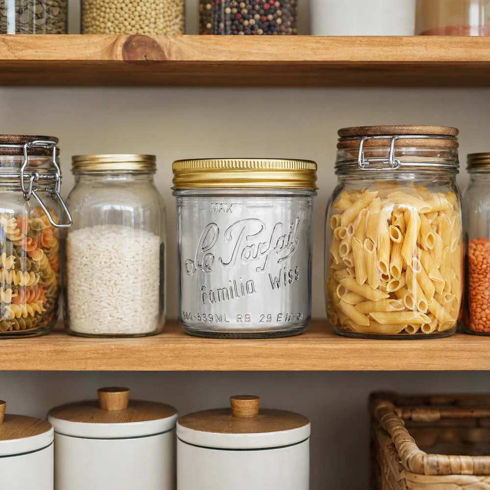 Le Parfait® Familia Wiss 500 g Ø100 mm bocal Verre renversé Familia Wiss 539ml avec couvercle doré dans un garde-manger organisé entre les bocaux de pâtes et de riz